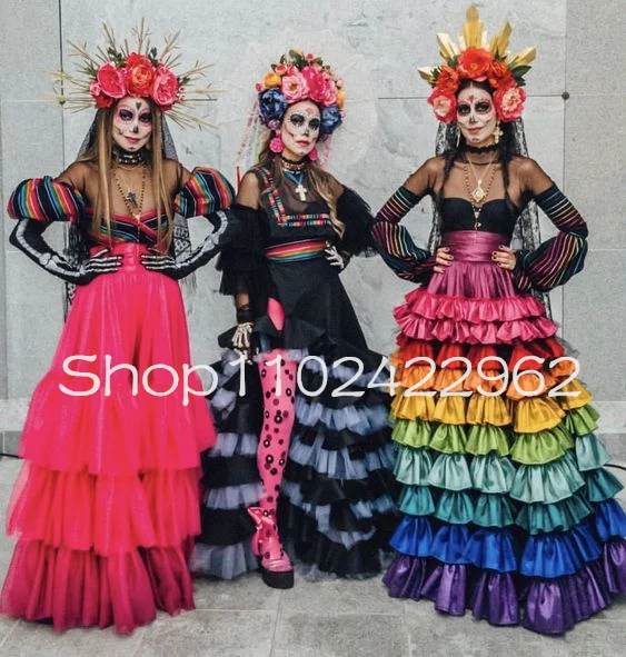 Rainbow Catrina Mexican Culture Prom Dresses Illusion Long Sleeve Death Day Costumes Sheer Neck Evening Gown Oufit customsized