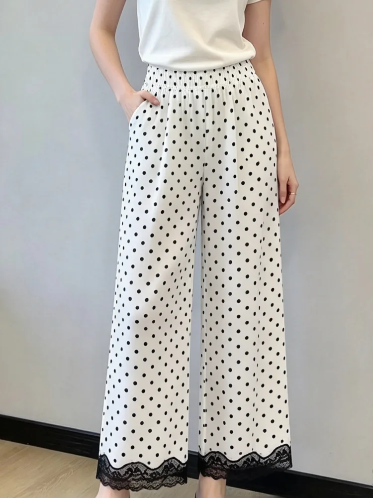 Women Wide Leg Pants Polka Dot Print Elastic High Waist Lace Trim Hem Loose Casual Trousers Daily Vacation Summer Pants