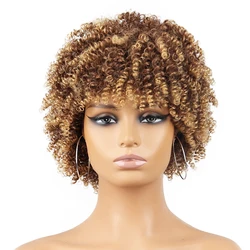 Perruque Afro Synthétique Courte Bouclée Dégradé d'Or avec Frange, Perruque Naturelle, Fibre de Degré de Chaleur, Cosplay pour Femme