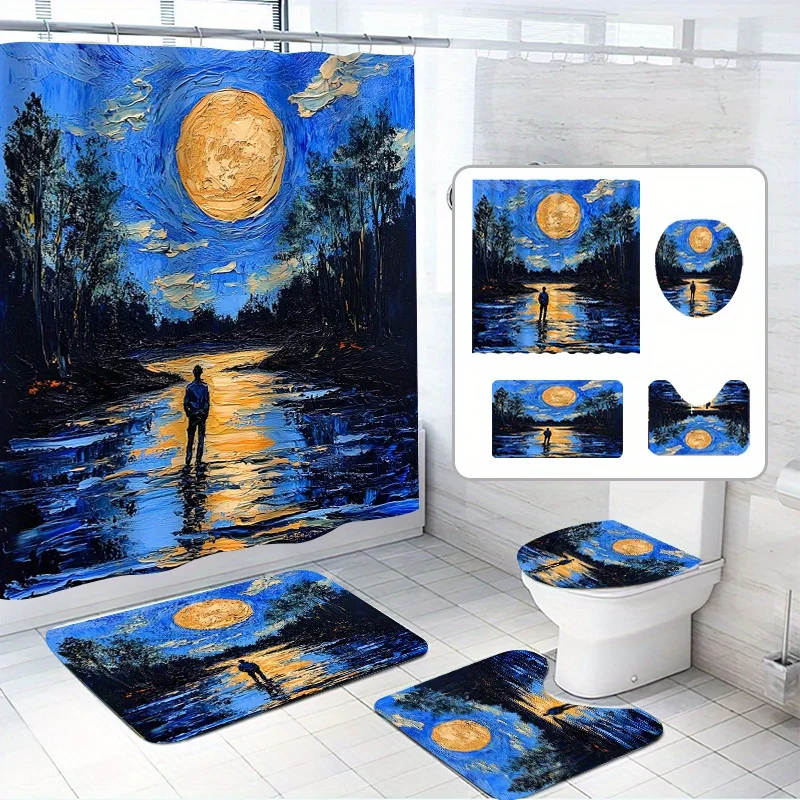 

4 шт., набор занавесок для душа в стиле Ван Гога, абстрактный фон неба, литературная серия, с 12 крючками, полиэфирная ткань, с
