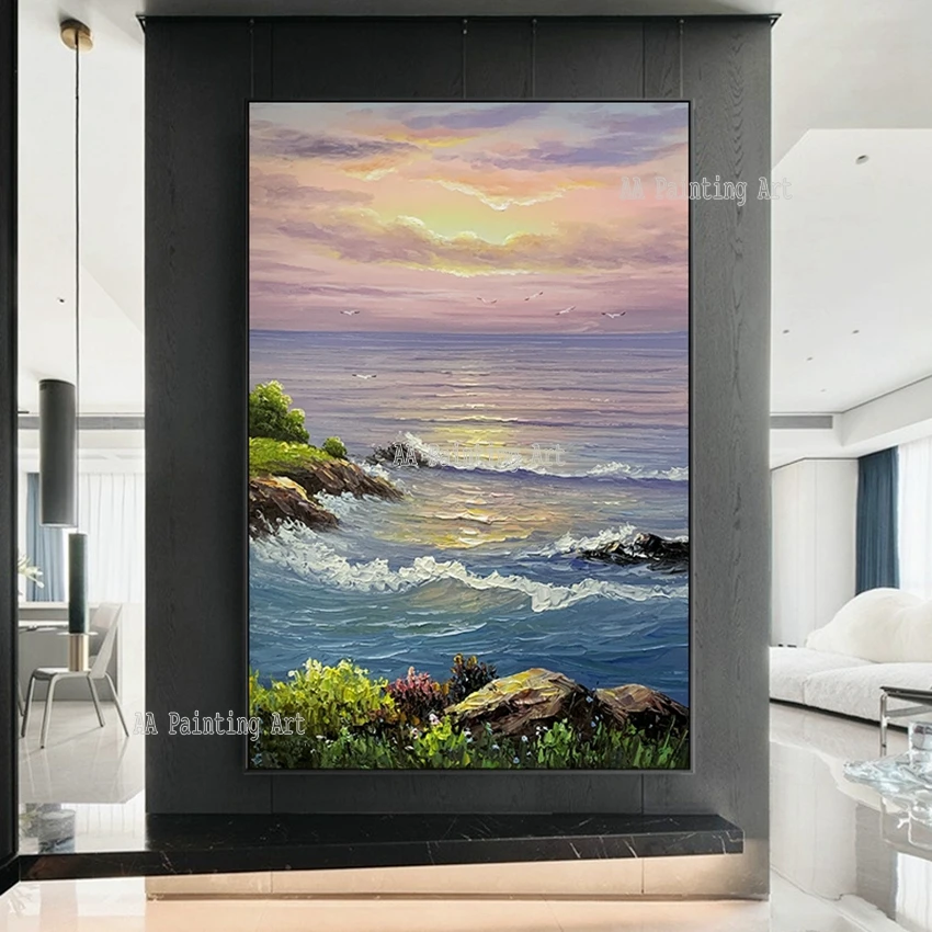 Sunrise Seascape Canvas Wall Picture Oil Painting Hand-painted Luxury Hotel Decor Knife Acrylic Wall Art Unframed Artwork