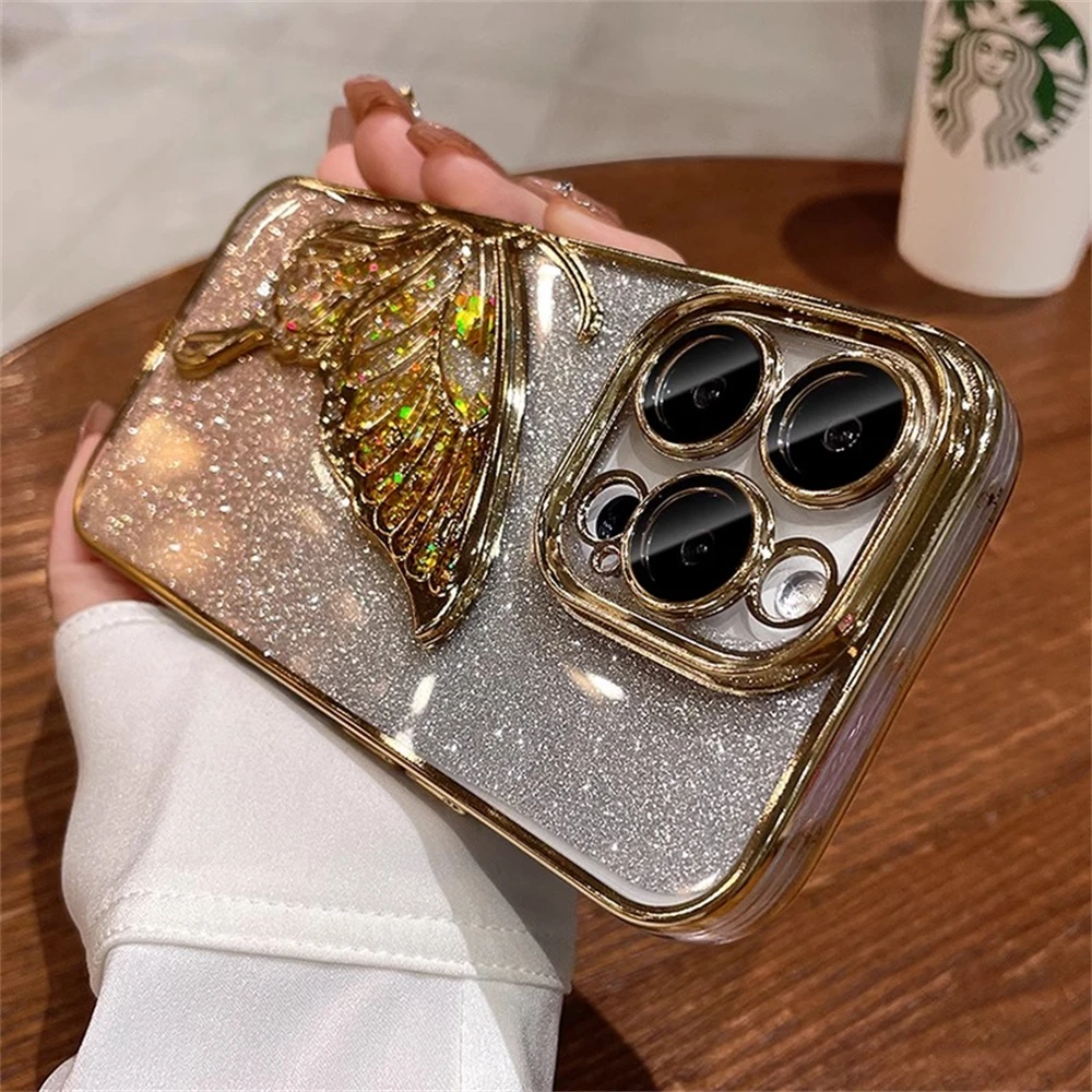 Bling Glitter Cute 3D Butterfly Flowing Quicksand Case For iPhone 16 15 11 12 13 14 Pro Max Gradient Color Soft Plating Cover