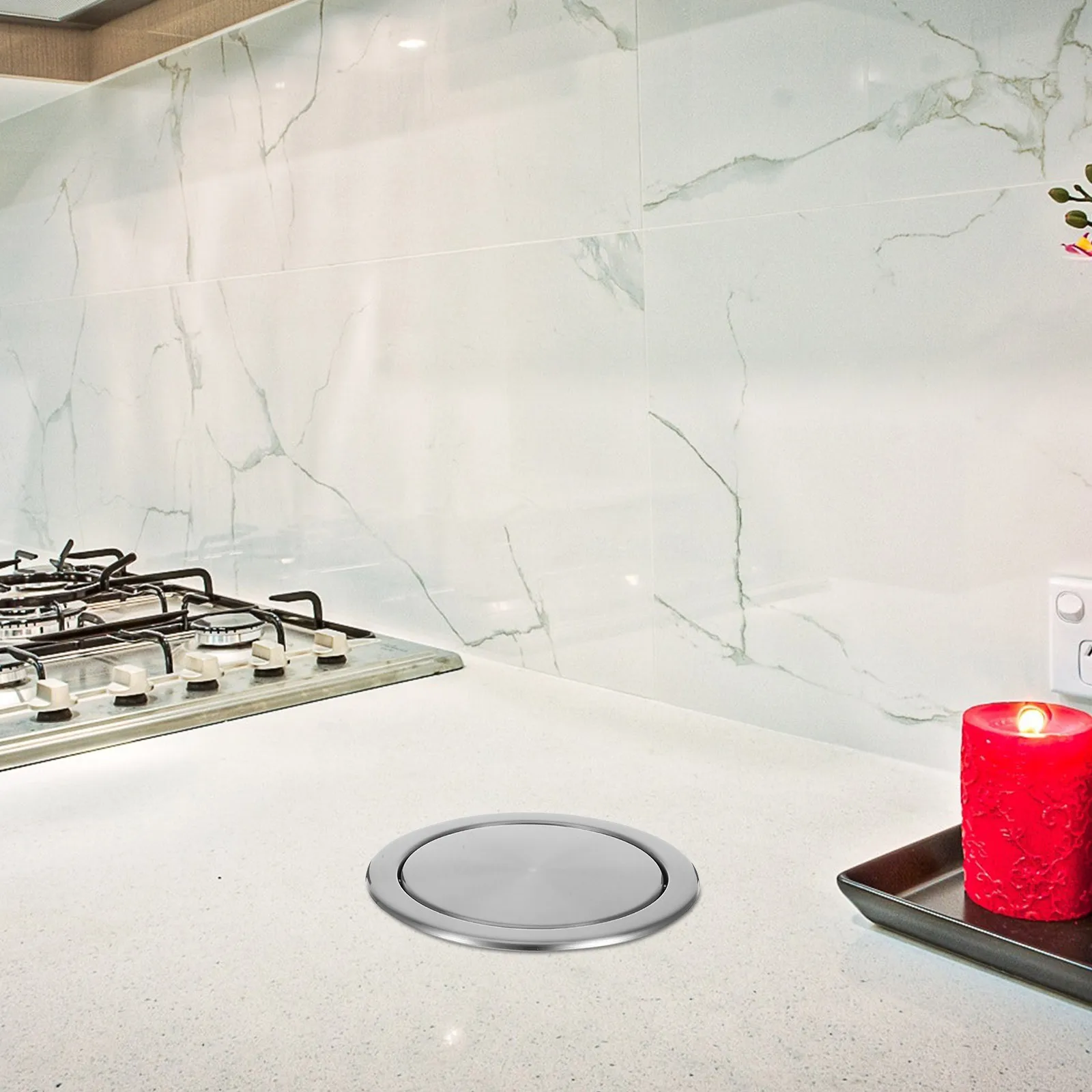 

1Set Kitchen Supply Stainless Steel Trash Can Embedded Bin Countertop Lid Compact Elegant Design Countertop Trash Can