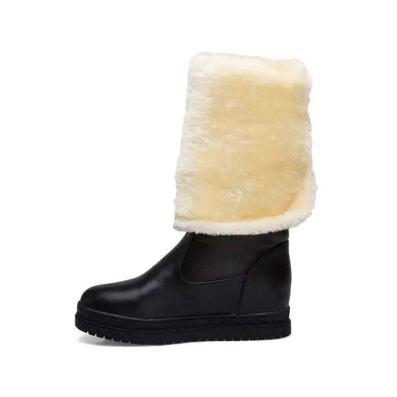 Winter Fur Knee-high Platform Snow Boots Sweet White Pink Black Buckle Round Toe High Wedge Heel Lady Cozy Waterproof Long Boots - view 5