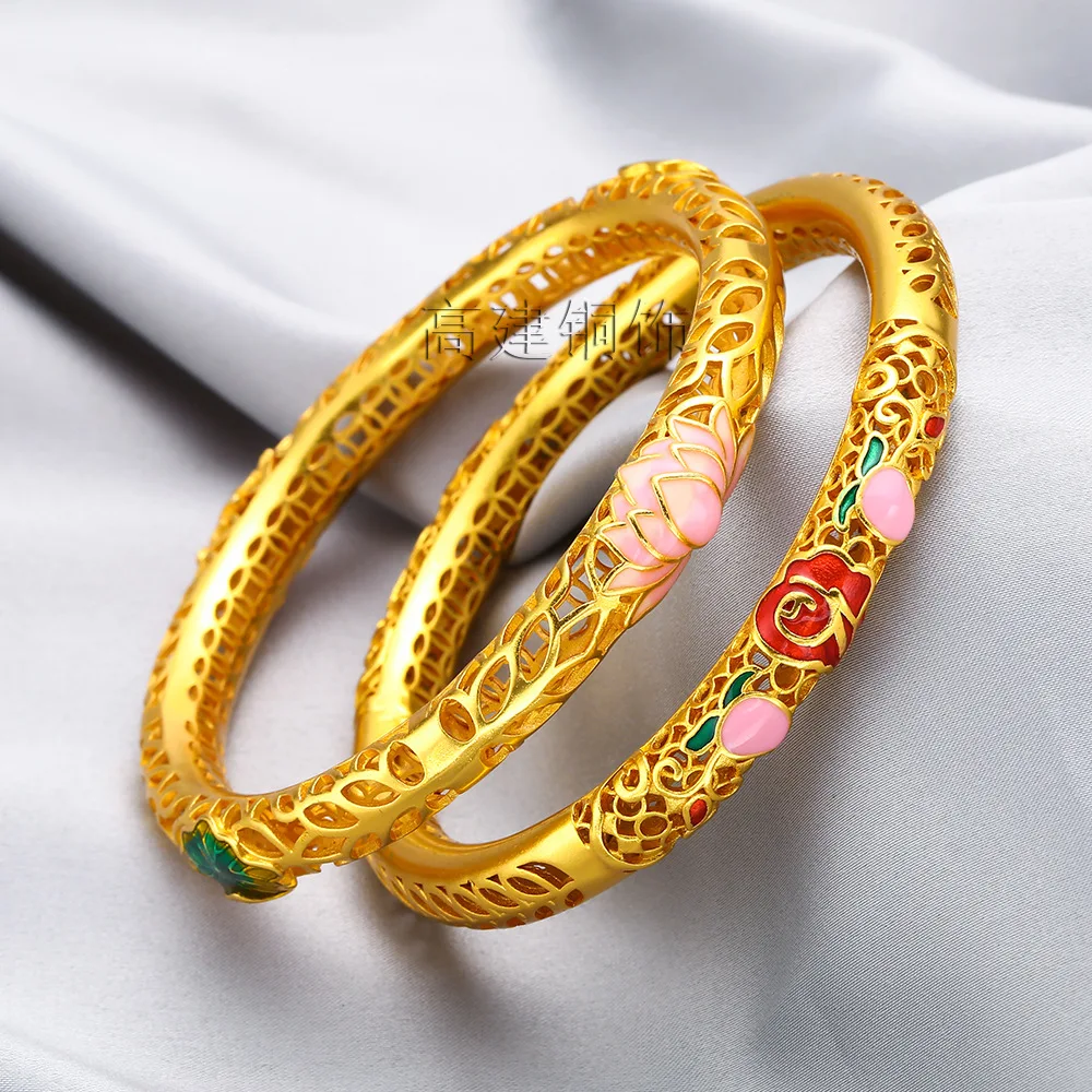 

High quality gold AU750 enamel hollow lotus 999 bracelet 24k national trend style lotus bracelet for women