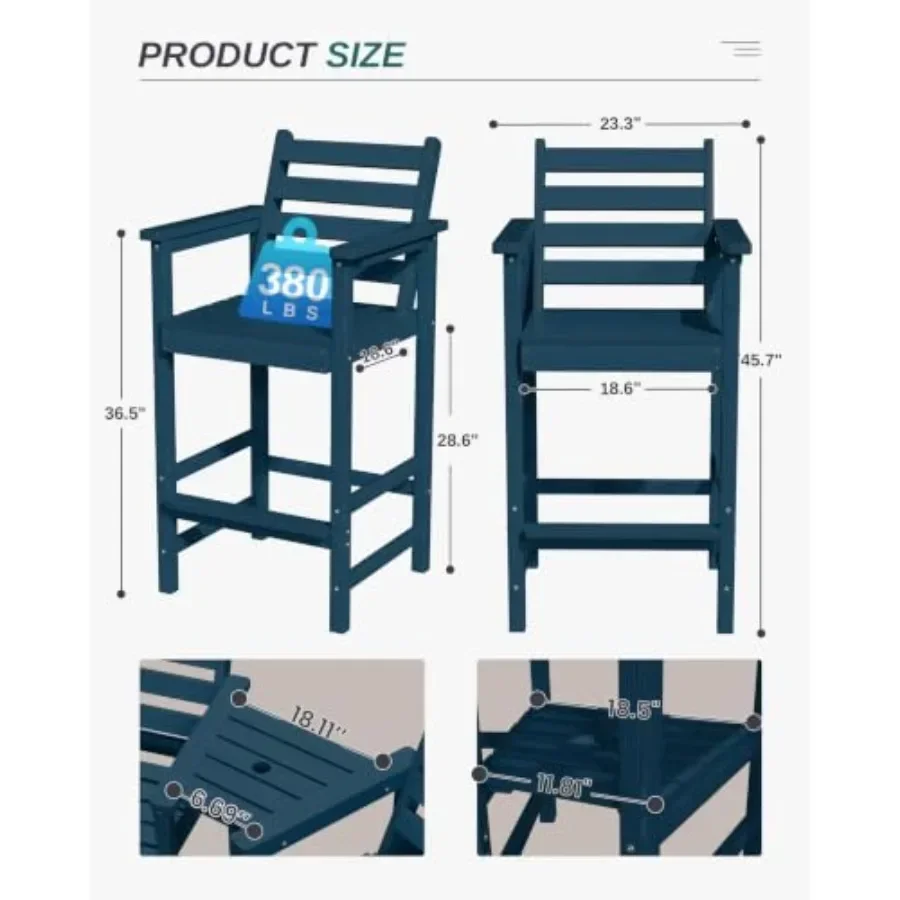 Outdoor Tall Adirondack Chairs with Removable Connecting Trays, Made of Weather-resistant Polywood in Classic Navy Blue for Enh