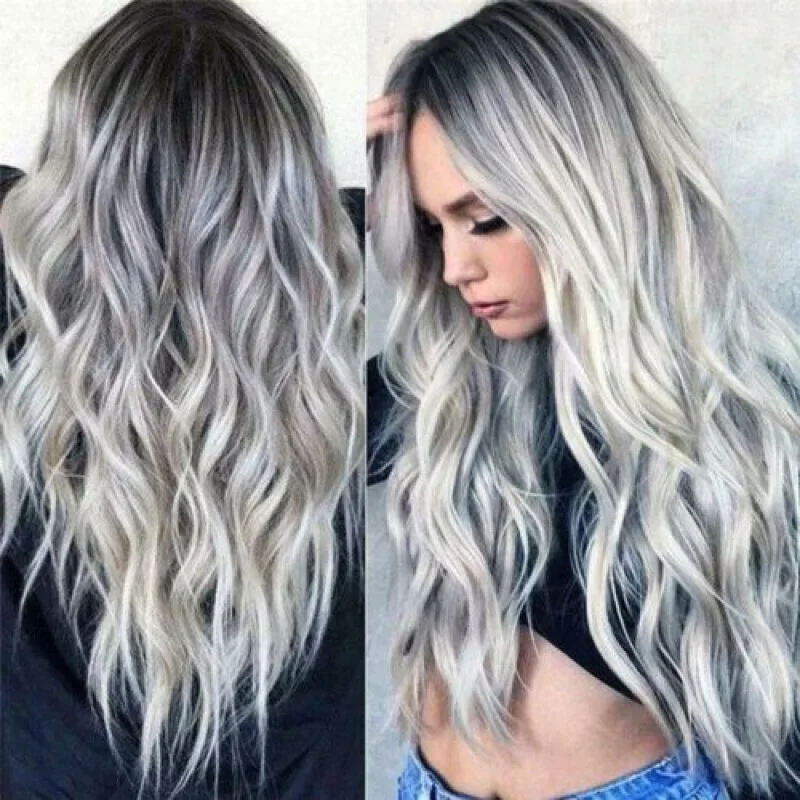 UK 28" Parrucche ricce bianche bionde lunghe da donna da donna Parrucca naturale con capelli ondulati pieni UK