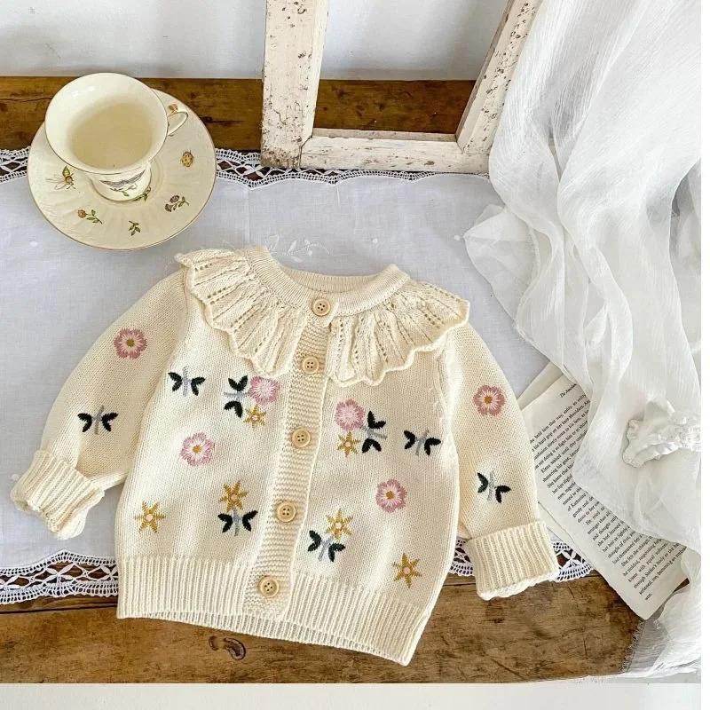 OLEKID 2026 Herbst Kinder Mädchen Strickjacke Weiche Blumenstickerei Säugling Baby Mädchen Strickmantel 1-7 Jahre Kinder Mädchen Pullover Strickjacke – Detail 2