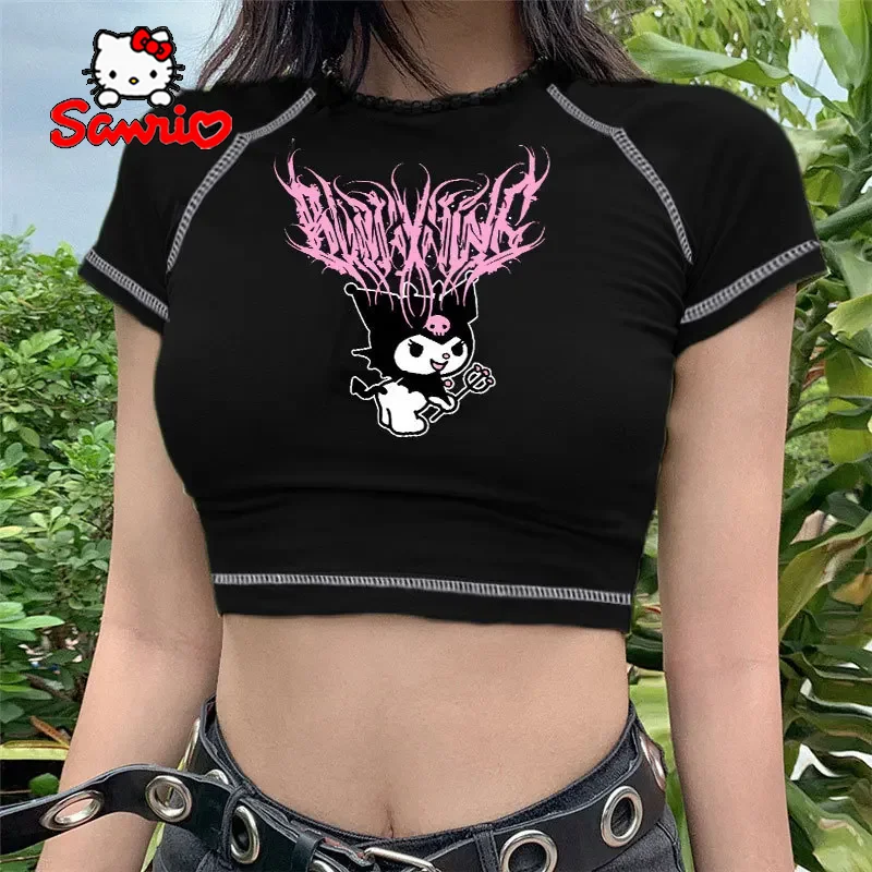 

Sanrio Kuromi Short Sleeves Punk Style Vintage Fashion Print Short Expose Navel T-shirt Summer Girls Y2k Sexy Style Clothes Gift