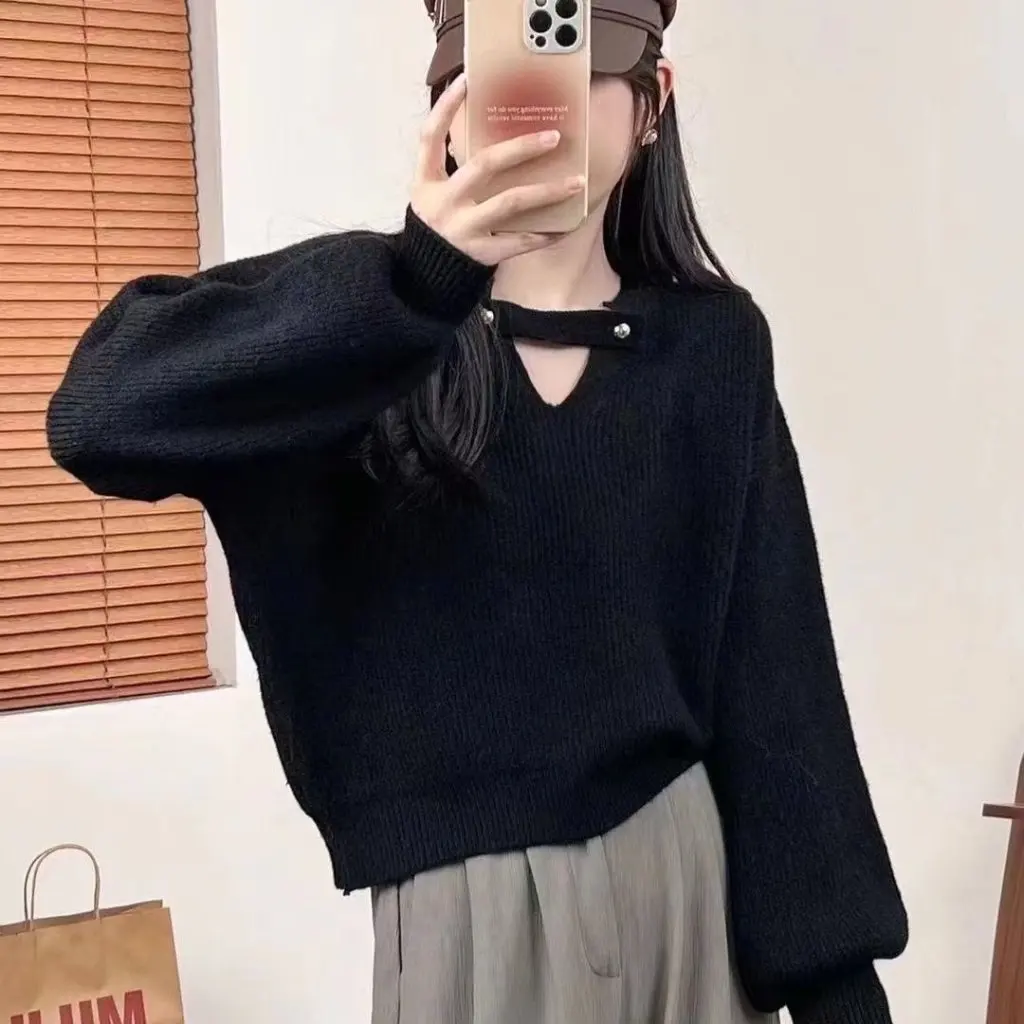 

Women's Korean Style Long Sleeve Pullover Crewneck Sweater Autumn Winter Loose Knitted V-Neck Button Base Shirt