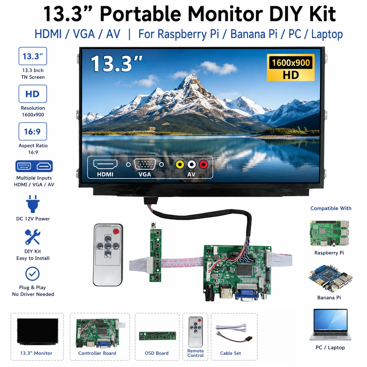 

13.3 Inch LCD Screen Display Monitor Driver Control Board 2AV HDMI-Compatible VGA For Raspberry Pi Banana/Orange Pi PC Computer