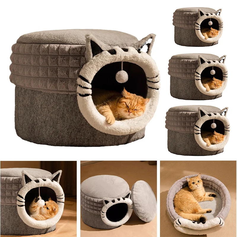 

Winter Warm Plush Cat Bed Cozy Cave Kennel with Half Wrap Design Removable Washable Cushion Non-Slip Base for Kittens Pet Nest