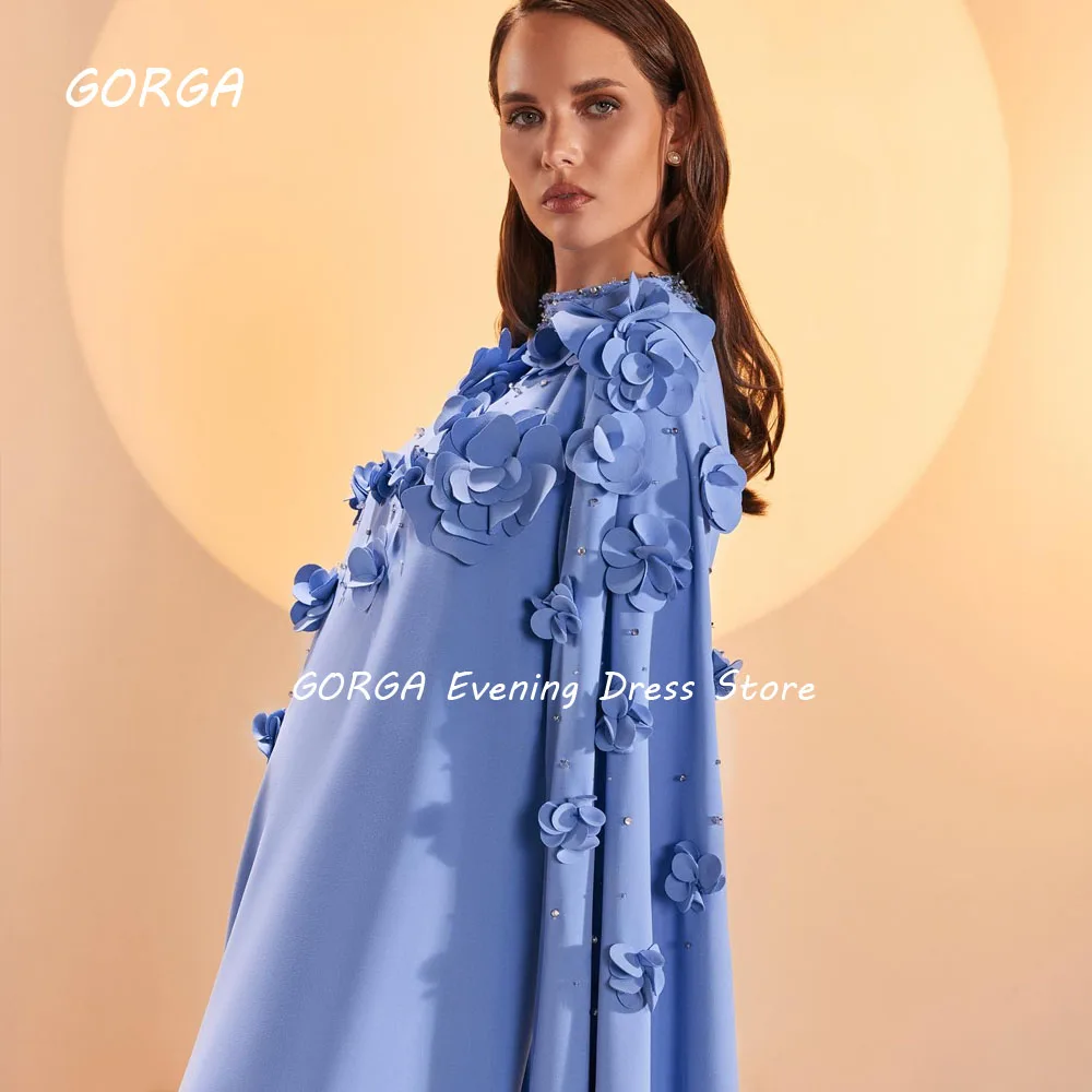 GORGA Simple Blue O-Neck Appliques Crepe A-LINE Prom dress 2024 Slim Long Sleeve Floor-Length Formal Evening Dress