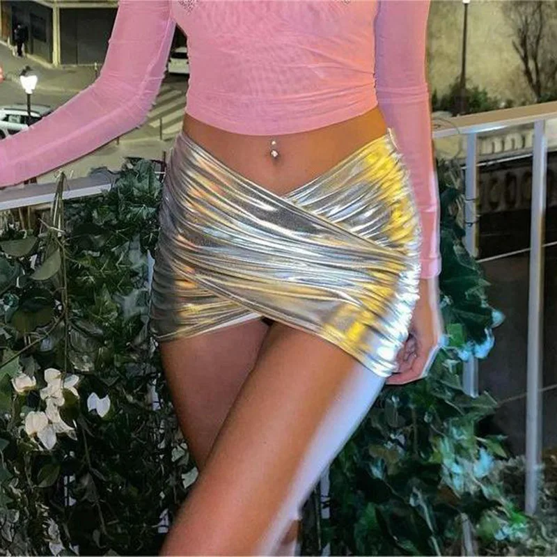 

SKMY Y2k Clothing 2024 Spring New PU Leather Bodycon Mini Skirt Casual Skirts For Woman Solid Color Silver Night Club Outfits