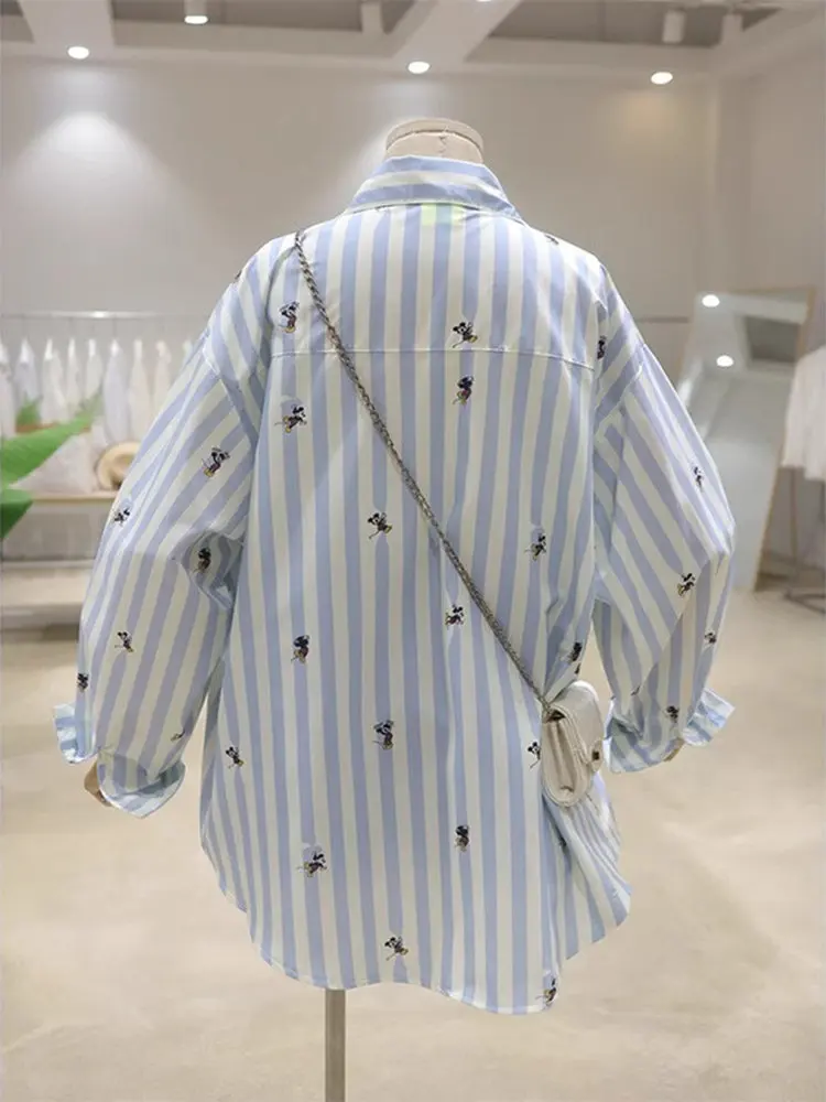 Camiseta holgada larga con bordado de Sve irt para mujer, camiseta holgada francesa con decoración de dibujos animados de otoño y primavera, talla grande, MM