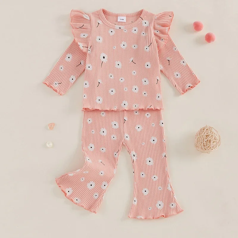 Kid Clothes Girls Pants Set Flower Print Long Sleeve Crew Neck T-shirt with Flare Pants Fall Autumn 2pcs Outfit