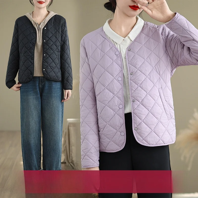 

Зимняя хлопково-льняная куртка для похудения, свободная посадка, тонкая женская верхняя одежда, верхняя одежда с ромбовидным узором, однотонная универсальная верхняя одежда