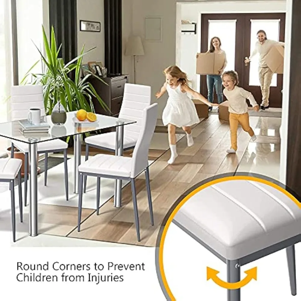 طقم طاولة طعام مكون من 5 قطع مع طاولة من الزجاج المقسى وكرسي بمسند ظهر مرتفع، وطاولة مطبخ للمطاعم بإطار فولاذي وكرسي #3