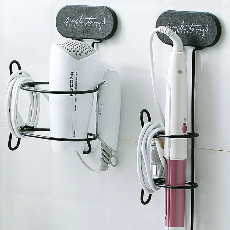 Wall Mounted Hair Dryer Holder Straightener Curling Iron Storage Rack Metal Bathroom Shelf Sticky Blow Dryer Holder Spiral Stand