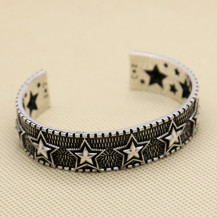 S925 Sterling Silver Five pointed Star Bracelet for Men's Korean Fashion Open Punk Hip Hop Jewelry Thai Silver Bracelet Wide