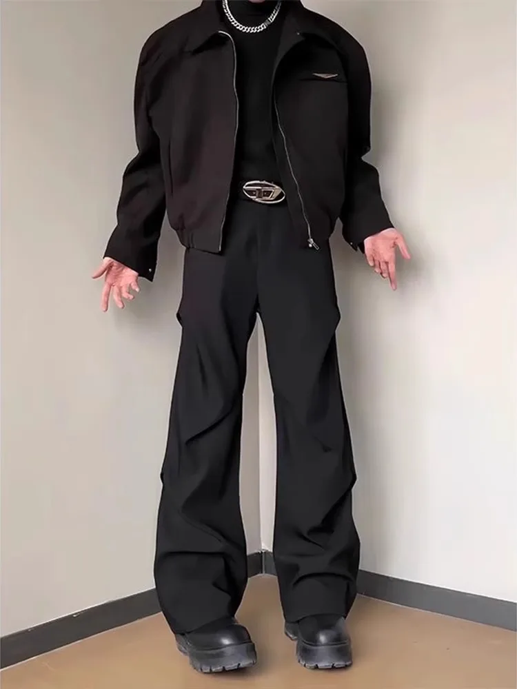 

American Sle Pleated Wide Leg Pants Men's Cleanfit High Waist Flared Trousers Casual Loose Fit Spring Season Polyester Fiber