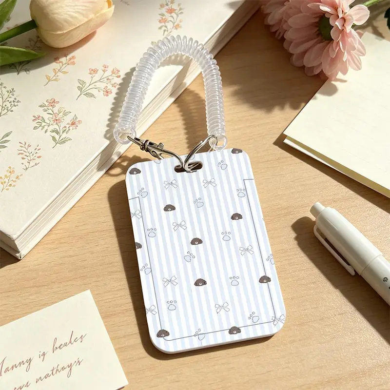 Blue Stripes Card Sleeve for Credential Badge Holder Pendant Keychain Student Bus/Meal Card Protection Case with Spring Rope