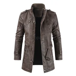 2024 Men's Pu Leather Jackets Black Stand Collar Windbreaker Autumn Winter Long Sleeved Motorcycle Jacket Casual Outerwear Male
