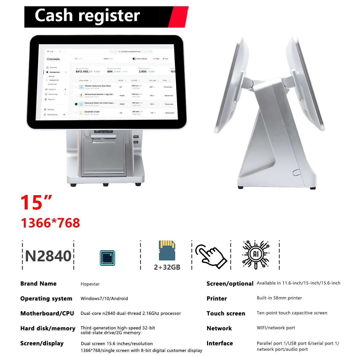 

Умная POS-машина, Wi-Fi, кассовый аппарат, сенсорный двойной экран, окно «все в одном» POS-системах, магазин одежды для аптечных ресторанов