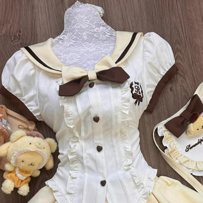 Japanese Sweet Lolita Style Skirt Set Women Kawaii Sailor Collar Bow Shirt Top Cute Pleated Skirt Y2k with Apron Mini Skirt Suit