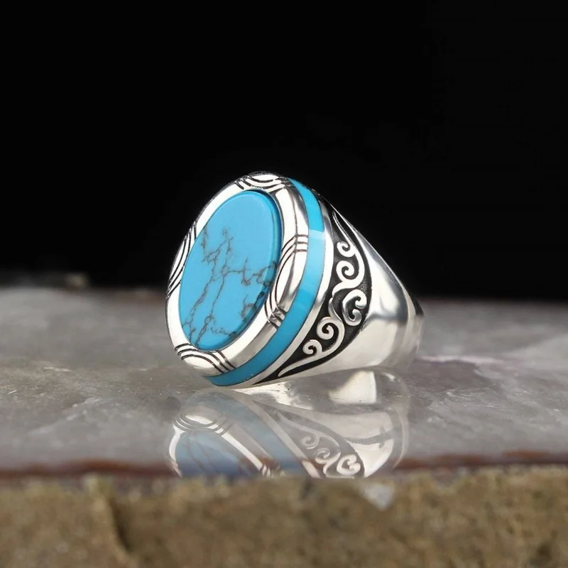 Finger Band Fine Workmanship Party Ring Wear Resistant Gift Trendy Punk Vintage Round Imitation Turquoise Finger Ring ﻿