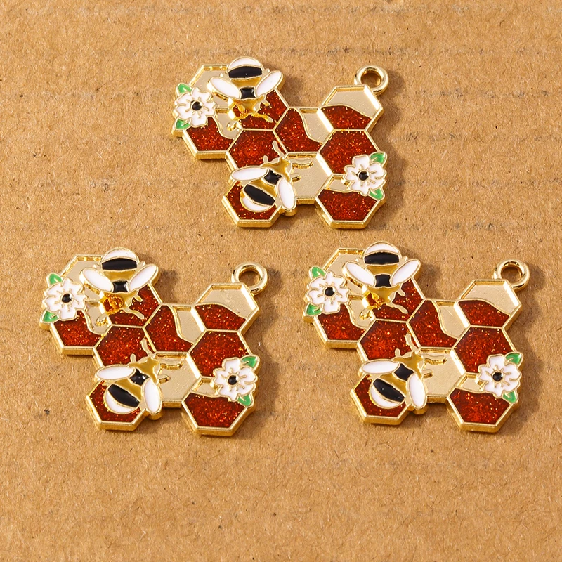 10pcs Cute Enamel Honeycomb Bee Charms Pendant for Making Neckalce Earrings DIY Jewelry Accessories Supplies