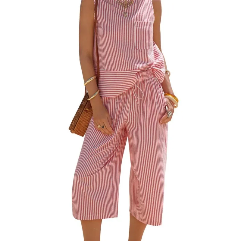 2026 New Summer Women's Cropped Pants Set Loose And Casual Striped Round Neck Fashionable Commuting Versatile Cropped Pants Set