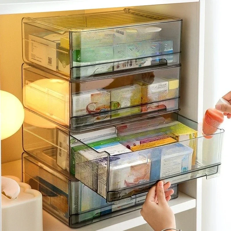 

Большой прозрачный медицинский шкаф-органайзер 2026 года с выдвижными ящиками, штабелируемая полка для хранения лекарств для дома