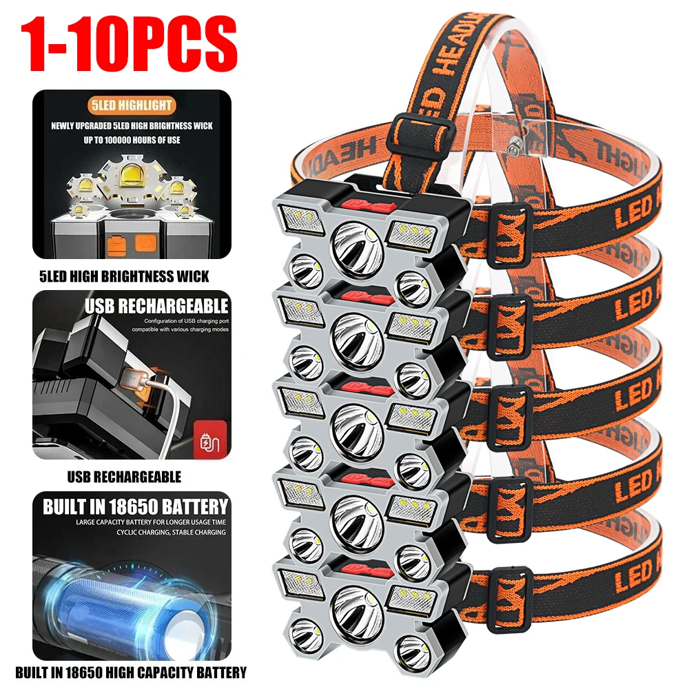 5 LED Headlamp Strong Light Headlight Built in 18650 Battery USB Rechargeable Outdoor Camping Fishing Adventure Head Flashlight