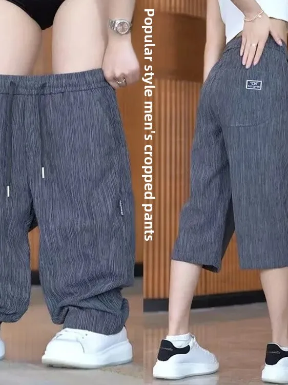 

Summer Thin Casual Loose Men's orts Ice Silk Breathable Faion Urban Sle Seven-Quarter Length Striped Patterned Leisure ...