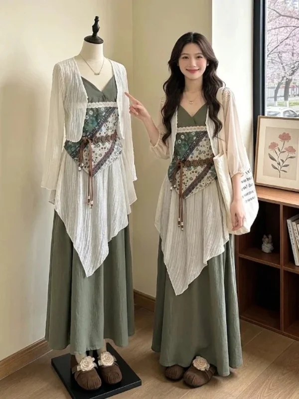 

plus Size Bohemian Green Ethnic Style Three Piece Set Women's Fashion Summer Outfit Ensemble Complete Matching Ensemble