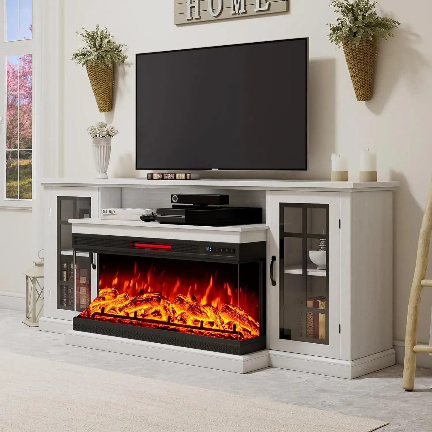 

Fireplace TV Stand with 3 Sided Glass Electric Fireplace Media Entertainment Center with Farmhouse Glass Door Storage Cabinet