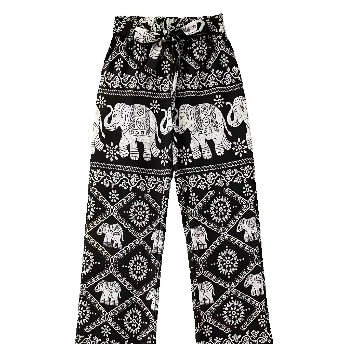 Black & White Elephant Print Tie-Waist Wide Leg Pants, Ethnic Style, Vacation Casual Trousers
