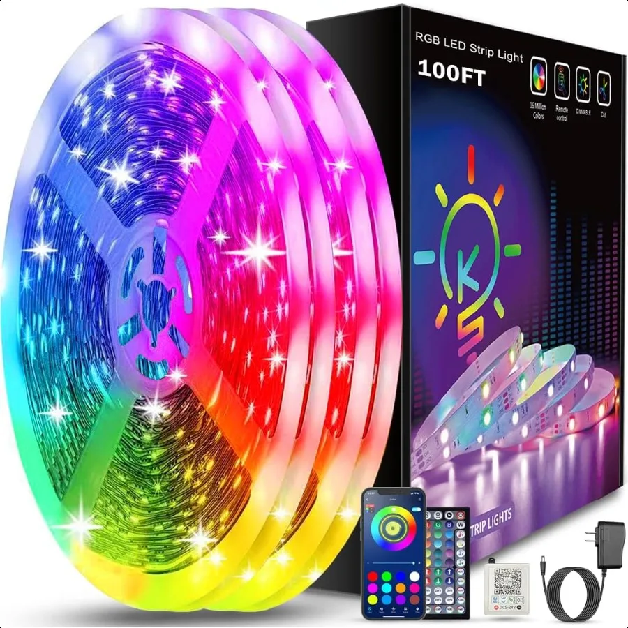 

100ft Led Strip Lights 2 Rolls of 50ft Bluetooth Smart App Control Music Sync Color Changing RGB Led Light Strip with RemoteLed