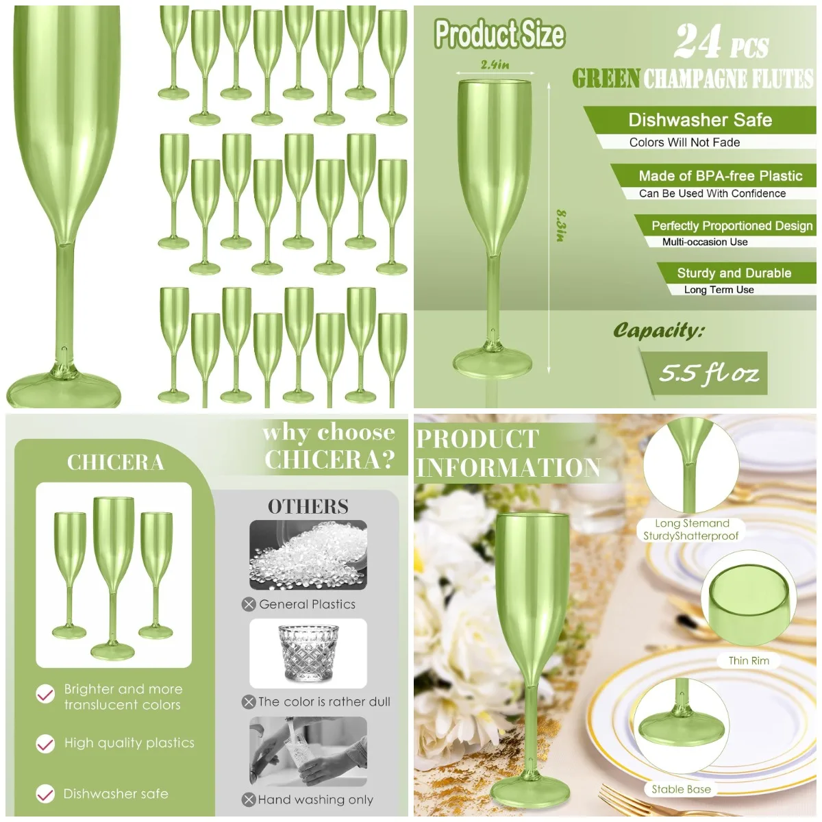 

24 шт. зеленые пластиковые флейты для шампанского, бокалы для вечеринок из шалфея для свадеб и мероприятий
