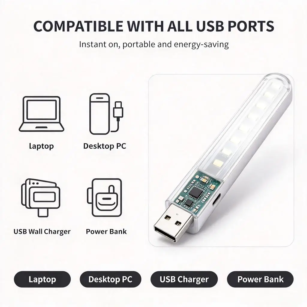 2PCS Mini USB Book Light 8 LED Beads Portable Warm White LED Lamp for Bedroom Travel Dorm PC Powerbank