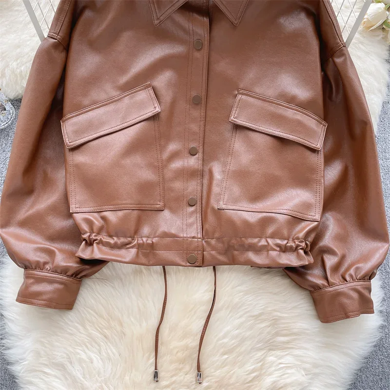 Spring Autumn New Women Korean Loose Big Pocket Faux PU Leather Jacket Coffee Color Lapel Long Sleeve Casual Short Biker Jacket