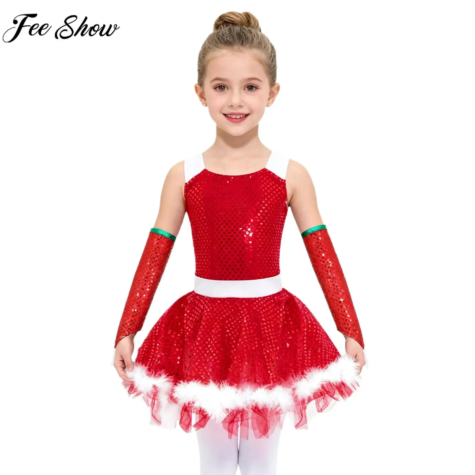أطفال بنات عيد الميلاد التزلج على الجليد الباليه اللاتينية الرقص الجمباز يوتار فستان عيد الميلاد سانتا قزم زي لامعة الترتر شبكة توتو