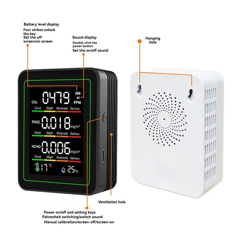 Monitor de qualidade do ar interno, monitor de co2/temperatura/detector de formaldeído tvoc para quartos, barracas de cultivo com suporte