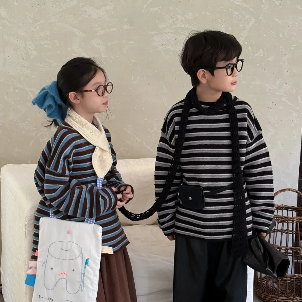 

2025 Autumn Kids Sweater Korean Style Striped Knit Top Unisex Loose Round Neck Warm Pullover Baby Toddler Outfit for Boys Girls