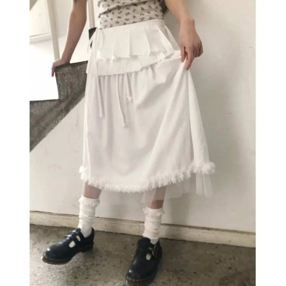 

Новая летняя длинная юбка 2026 года из нейлоновой смеси с кружевным подолом, однотонная, А-силуэт, милая, в японском стиле, с вышивкой, из полиэстеровой ткани