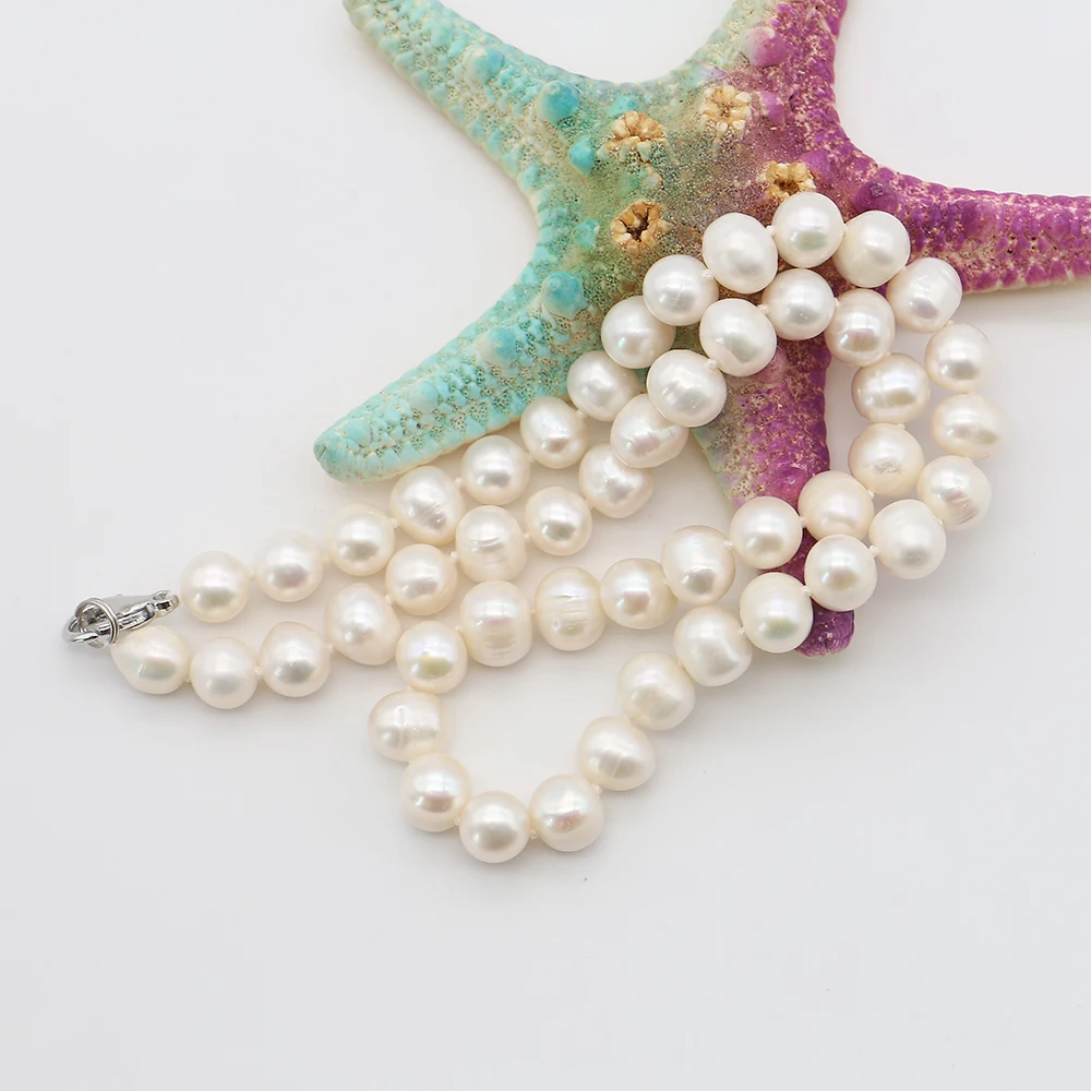 41cm Threaded Round Pearl Necklace 8-9mm Irregular Baroque Freshwater Pearls Lobster Clasp Neck Accessory For Women's Wear