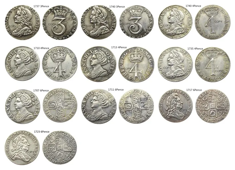 

UK A Set Of(1710-1740) 3/4/6 Pence 10pcs SHILLING - GEORGE I BRITISH Silver Plated Copy Coin