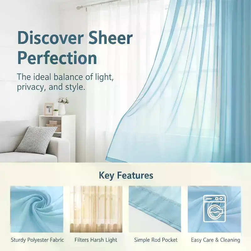 Light Blue Solid Sheer Voile Window Curtain Sunlight Softening Privacy Protect Drapes for Living Room Bedroom Home Decoration