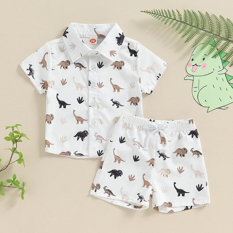 

Suefunskry Toddler Boys Summer 2PCS Shorts Outfits Short Sleeve Dinosaur Print Button Up Shirt Tops and Shorts Sets